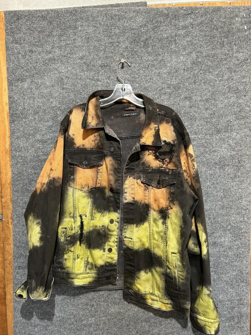 Embellish Jacket Mens 2XL Black Yellow Bleach Denim Distressed Rock Grunge